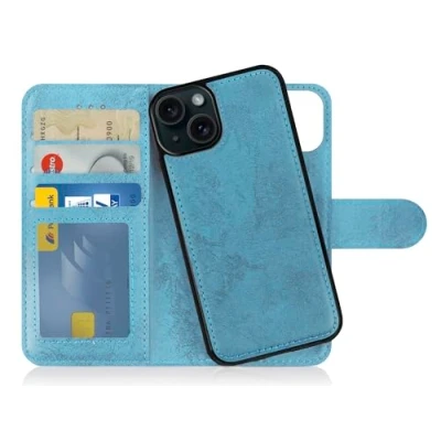 Bild av MyGadget Flip Case för iPhone 15 [avtagbart magnetfodral] mobiltelefonfodral av konstläder [vikbart fodral med kortfack] skyddsfodral i ljusblått