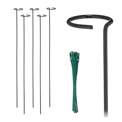 Bild av Relaxdays Växtstavar metall, set om 6, rankstavar med ring, 80 cm långa, metallstavar trädgård, växtbindare, svart
