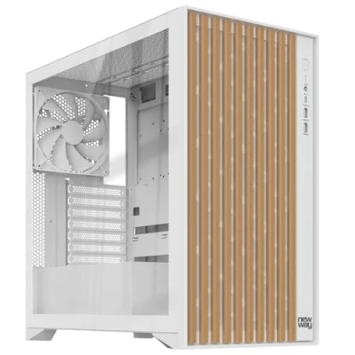Bild av NEWWAY 2024 ny NW1 PC fodral i trä mittentorn, kompatibel med ATX/Micro ATX/ITX typ C USB fläktar ingår 3 x 140 mm sidopanel härdat glas (vit)