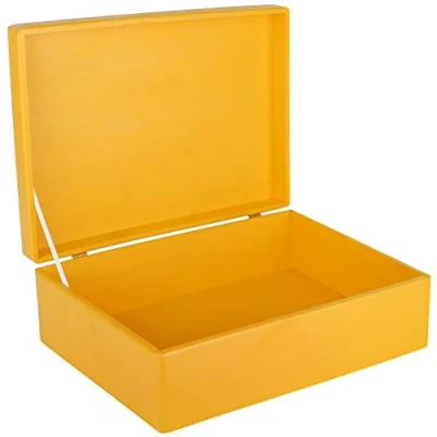 Bild av Creative Deco XL Gul stor trälåda Förvaring Minnessak Trä 40 x 30 14 cm (+/ 1cm) med Lock Bröst utan Handtag Julklappslåda Julen för Dokument, Värdesaker, Leksaker och Verktyg