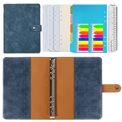 Bild av Anteckningsbok i läder, A5, PU påfyllningsbar anteckningsbok, ringbok A5 dagbok, prickat papper, äkta innerfickor för researbete och arrangör, present till flickor, pojkar (blå 23 x 17
