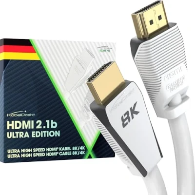 Bild av KabelDirekt 8K HDMI 2.1 kabel, certifierad Gamer Edition 1 m (8K@60Hz, Ultra High Speed/48G för 10K, eller ultrasnabba 144 Hz vid 4K, optimal PS5/Xbox och Gaming PC, Monitor/TV, vit)