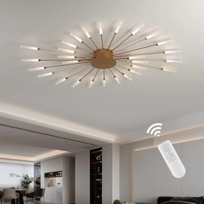 Bild av Modern LED taklampa, 28 huvuden med variabel intensitet, halvinfälld taklampa gyllene ljuskrona för sovrum, vardagsrum, kök, matsal, restaurang, kontor, 3 000 K 6 fjärrkontroll