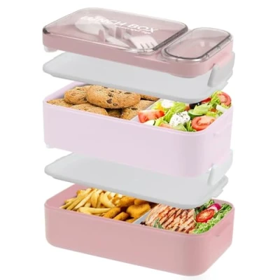 Bild av HENSHOW bentolåda för vuxna, lunchlåda läckagesäker, 2 lager bento snacklåda set, söt lunchbehållare, mikrovågsugnssäker, BPA fri, rosa