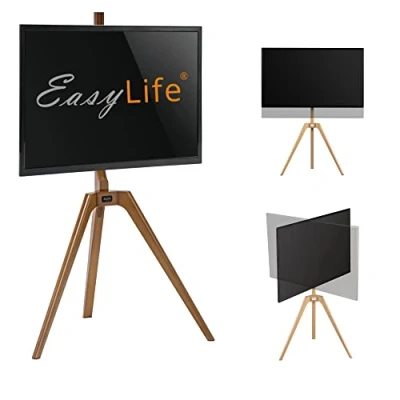 Bild av EasyLife TV stativ trästaffli tripod studio upp till 65 tum och 40 kg TV/bildskärm, vridbar, höjdjusterbar, kabelhantering, VESA 400 x (svart/valnöt)
