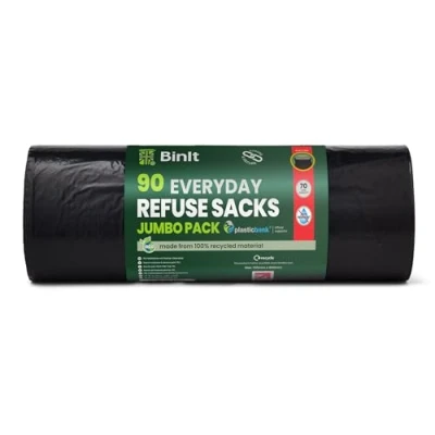 Bild av BinIt 90 jumbo pack varje dag 70 l stark och säker, avfallssäckar, soptunnor, platt topp, återvunnen, rivbeständig, 30 μm, perfekt för daglig användning, hushåll, kontor, kök catering
