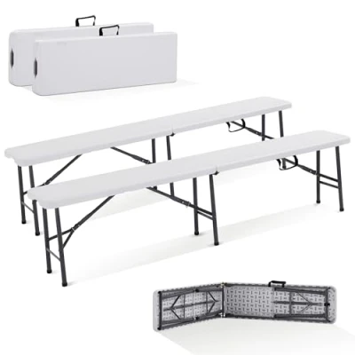 Bild av Arebos 2 x ölbänk, vikbar bänk, hopfällbar I bärhandtag 183 28 43 cm, camping, trädgård, fest, campingbänk, öltält, trädgårdsbänk, sittbänk set om vit