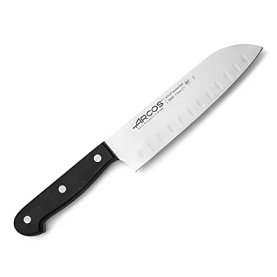 Bild av ARCOS Santoku kniv rostfritt stål. Japanskt vasst för fisk, kött och grönsaker. Ergonomiskt handtag av polyoxymetylen 170 mm blad. Serie Universal. Färg Svart.