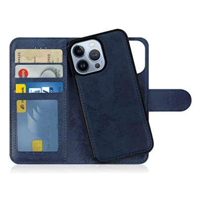 Bild av MyGadget Flip Case för iPhone 13 Pro [avtagbart magnetfodral] mobiltelefonfodral av konstläder [vikbart fodral med kortfack] skyddsfodral i mörkblått