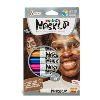 Bild av CARIOCA Mask Up Metallic Effect Makeup Kit, Sminkset för flickor och barn, vattenbaserad stick hudtips tricks, blandade färger, handledning med 2 mönster, 6 stycken
