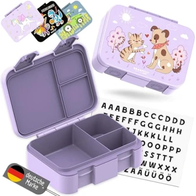 Bild av BEARFOOT Bento Box COMPACT BPA fri barnmatlåda för skola och dagis läckagesäker matlåda flickor pojkar Praktisk, lätt kompakt (hund kattlila, 650 ml)