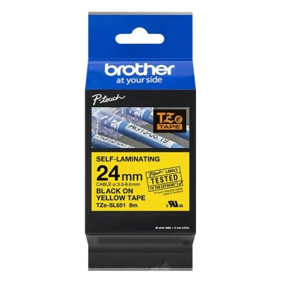 Bild av Brother Original TZe SL651 självlaminerande tejp svart på gult 24 mm brett, 8 m lång