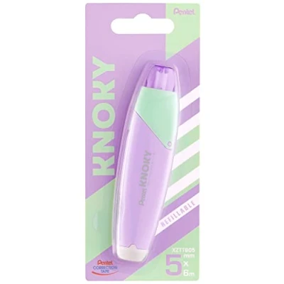 Bild av Pentel XZTT805V WY Knoky korrigeringsband med tryckmekanik, ergonomisk form, påfyllningsbar, längd 6 m, bredd 5 mm, höljets färg violett, 1 st i blisterförpackning