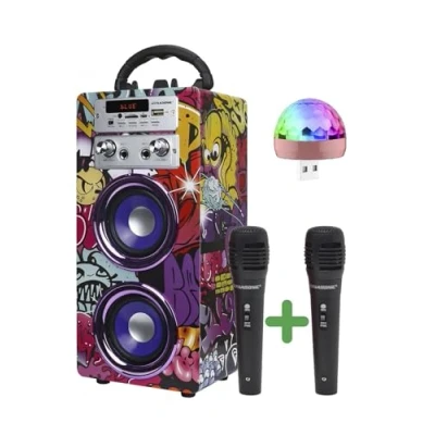 Bild av DYNASONIC bärbar karaokemaskin, karaokehögtalare med 2 mikrofoner, Bluetooth högtalare, USB ljus ingår, och SD läsare, exklusiv design, originalgåva (025 12 ljus)