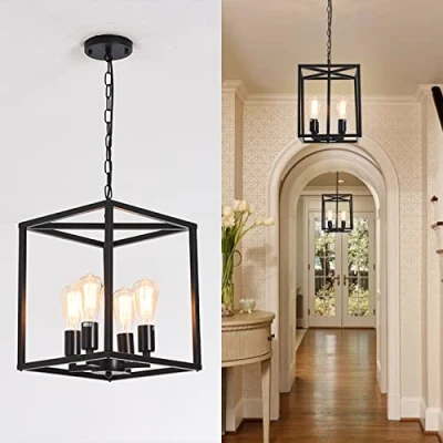 Bild av Qcyuui Vintage lykta taklampa, industriell metall bur foajé ljuskronor taklampa justerbar höjd, 4 ljus svart hängande för kök Island Farmhouse hall, E27