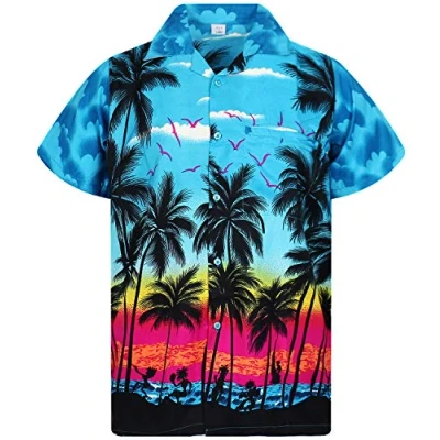 Bild av V.H.O. Läcker Hawaii skjorta för män, kortärmad, framficka, tryck med strand, turkos, Strand 3XL