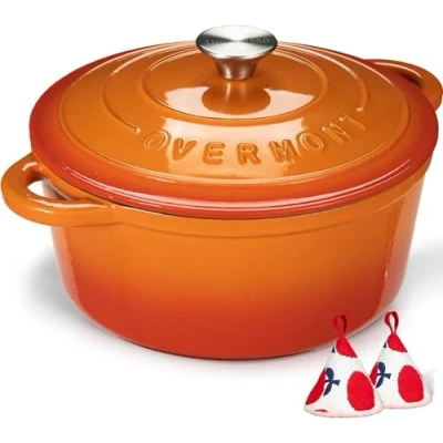 Bild av Overmont 5 l emaljerad gjutjärn rund gryta med lock kokbok och bomullspytlappar non stick holländsk ugn köksredskap för flätning, grytor, rostning, brödbakning orange, 26 cm