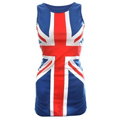 Bild av Union Jack klänning för damer röd, vit och blå flagga klassisk 90 tals musiknikoner, Brit Pop, VE Day, jubileum fin klänning, BLÅ, 40/42 SE