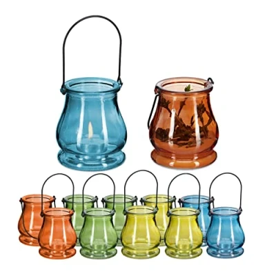 Bild av Relaxdays Vindljus, set om 12 av glas, handtag för upphängning, inomhus och utomhus, värmeljushållare, H x D 10 8,5 cm, flerfärgad
