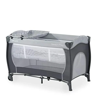 Bild av Hauck Sleep N Play Center, 7 delad Hopfällbar Resesäng från Födseln upp till 15 kg, Spädbarnsinlägg och Skötbord, Vikbar Madrass Hjul, Sidoöppning, 120 x 60 cm grå