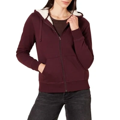 Bild av Amazon Essentials kvinnors sherpa fodrad fleece hel dragkedja jacka med huva (finns i plusstorlek), vinröd, 4X