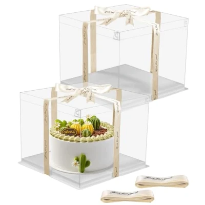 Bild av 2 stycken presentförpackningar, genomskinlig tårtlåda, 26 x 24,5 cm, transparent, tårta, transportlåda, presentförpackning, med bas och band för födelsedag, dessert