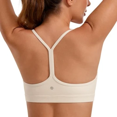 Bild av CRZ Yoga Butterluxe Y Back Sports Bra Vadderad Racerback Låg Impact Spaghetti Tunn Strap Träning Vit aprikos L