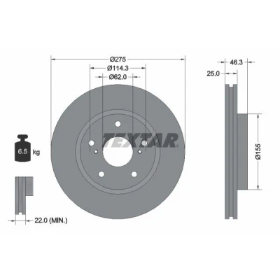 Bild av TEXTAR PRO 92232703 Disque de frein 275 25 05/07 114,3 ventilé l&#039;intérieur revêtu sans boulon fix roue, moyeu roue