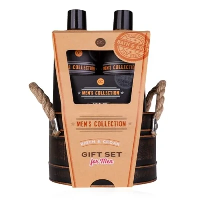 Bild av Accentra Men&#039;s Collection Gift Set in Tin Bucket, Includes 300 ml Body Wash, Shampoo, 100 g Soap, 15 Mesh Sponge, Birch &amp; Cedar Fragrance, Brown