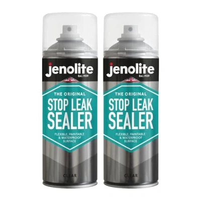 Bild av JENOLITE Stop Leak Tätningsspray TRANSPARANT 2 x 400 ml tätningsmedel för takrännor och platta tak, vattentät tätning, tät stoppar läckor, permanent vattenavvisande