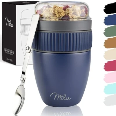 Bild av Milu Muesli Cup to go 400ml I isolerad yoghurtkopp för müsli läckagesäker kopp med sked yoghurt/gröt (Marinblått)