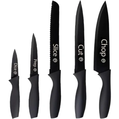 Bild av MasterChef Knivset, köksknivar, set inkl. Kockkniv, grönsakskniv, skalkniv, skärkniv och brödkniv, vass kniv rostfritt stål, non stick belagd, mjuka handtag, 5 delar, svart