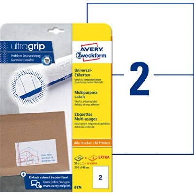 Bild av AVERY Specialform 6176 universaletiketter (med ultraljud, 210 x 148 mm på DIN A4, papper matt, tryckbar, självhäftande, 60 självhäftande etiketter för DHL och Hermes 30 ark) vit