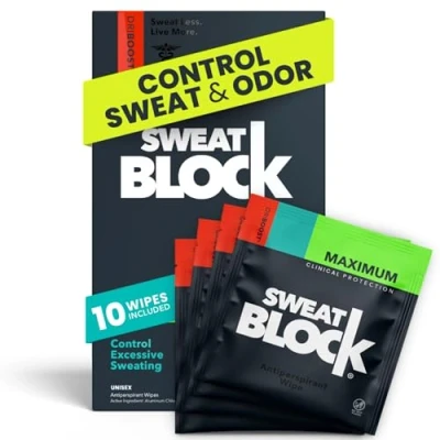 Bild av SweatBlock Antiperspirant Wipes Maximum Clinical Strength Treat Hyperhidrosis &amp; Excessive Sweating for Men, Women, and Teens up to 7 Days Protection Per Wipe Dermatologist Tested, Unscented, 10 ct.