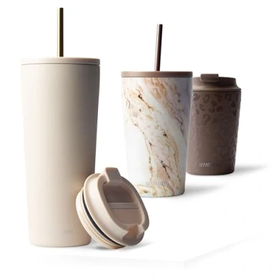 Bild av MAMEIDO termomugg med sugrör 700ml Dryckesmugg lock och tillverkad av rostfritt stål dubbelväggig isolerad, läckagesäker Coffee to go mugg (Ivory Beige, 0,7l)