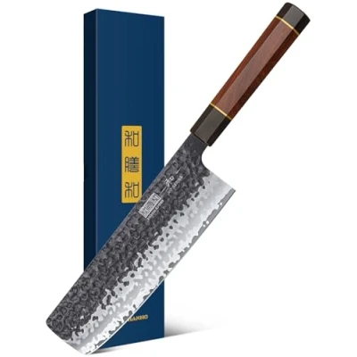 Bild av HOSHANHO 18 cm Nakiri kniv, japansk kökskniv i högkolstål, multifunktionell för skivning av grönsaker, extra skarp, åttkantigt handtag