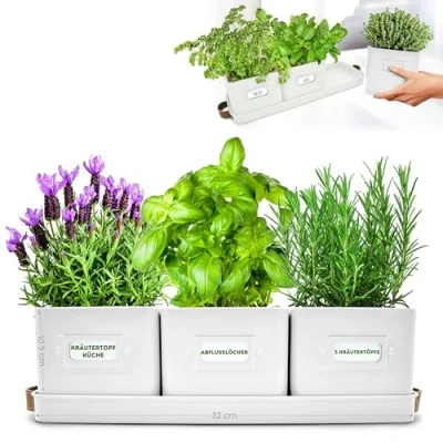 Bild av Gröna Thumbz örtkrukor för köksfönsterbräda uppsättning av 3 varma stenar örtplanterare inomhus med läderhandtag bricka perfekt en örtträdgård, växter och blommor etiketter