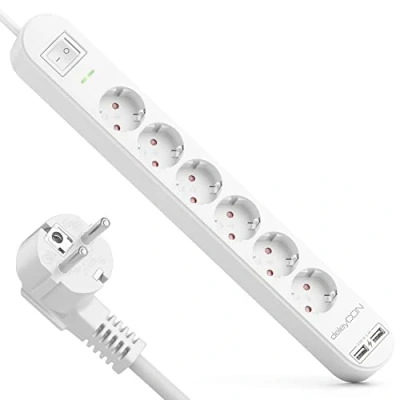 Bild av deleyCON 1,5m Grenuttag 6 Vägs med USB 6x Skyddskontakt Uttag 2x A Laddningsuttag för t.ex. Mobiltelefon och Surfplatta Överspänningsskydd PÅ/AV Knapp Vit