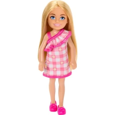 Bild av Barbie Chelsea docka, liten docka bär avtagbar rutig klänning och rosa skor med blont hår blå ögon