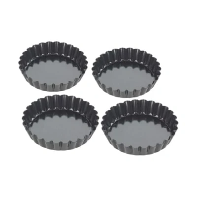 Bild av Tala Performance tarteform, räfflad, 10 cm, 4 stycken, kolstål av professionell tjocklek, med non stick Eclipse beläggning, lös botten, perfekt för rejäla eller söta tartes, flanell, quiches