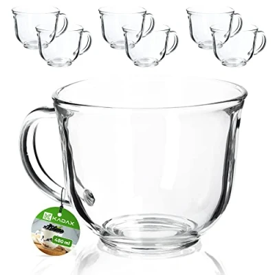 Bild av KADAX Teglas med handtag, 480 ml glaskoppsset, diskmaskinssäkra kaffeglas, glas för varma och kalla drycker, kaffekoppar, juiceglas, glakoppar (480 ml/6 stycken)
