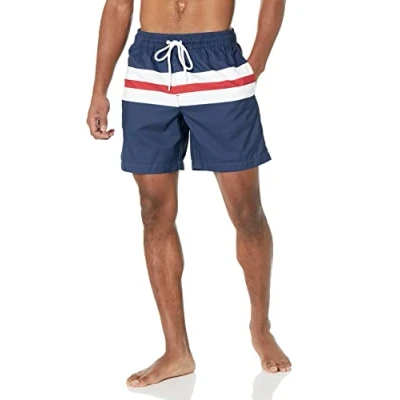 Bild av Amazon Essentials Men&#039;s Snabbtorkande badtröja 18 cm (7 tum), Marinblå Röd Vit Rand, S