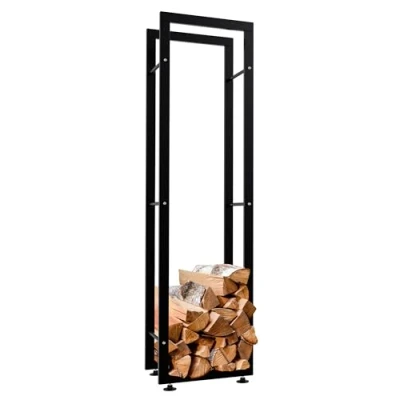 Bild av CLP Vedställ Keri V2, av svart metall, vedhylla med golvskydd, stapelstöd för ved, färg: svart, storlek: 25x40x150 cm