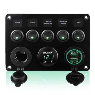 Bild av CT CARID 12 V/24 V vippströmbrytarpanel, dubbel USB laddningsport 4,2 A, tändaruttag, digital voltmeter skärm, IP65 vattentät, vippströmbrytare för båt, bil, husbil, fordon, grön