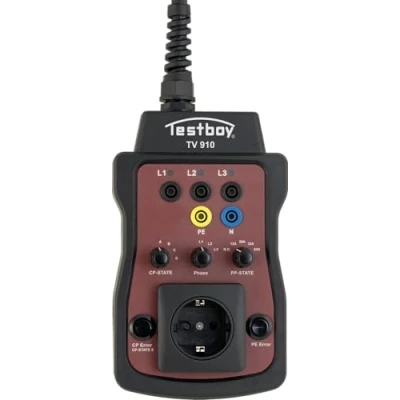 Bild av Testboy TV 910 testadapter för laddstationer, EVSE adapter (för wallboxar med och utan kabel, LED display jordat uttag, CAT III 400V, elektrikerverktyg inkl. väska)