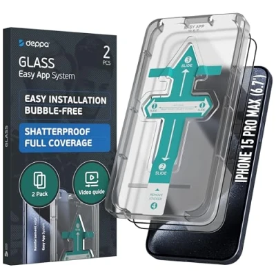 Bild av Deppa [2 Pack] Skärmskydd för iPhone 15 Pro Max (6,7&#039;) Screen Protector Härdat Glas Full täckning med Enkel [Bubble Free] Installationskit [Fodralkompatibel]