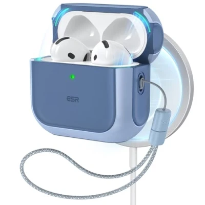 Bild av ESR Fodral för Airpods 4 (2024), kompatibel med 4:e gen (USB C), MagSafe, fallskydd snöre, magnetiskt lock, Orbit serien, blå