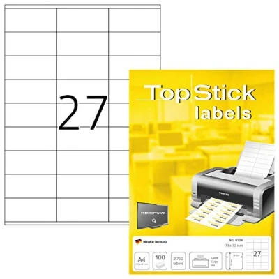 Bild av TopStick 8704 universella etiketter A4 små (70 x 32 mm, 100 ark, papper, matt) självhäftande, utskrivbara, permanenta adressetiketter, 2 700 klistermärken, vit