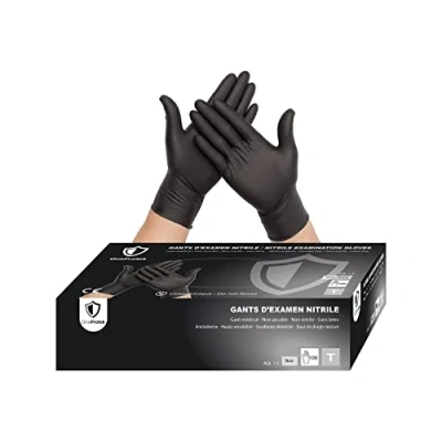 Bild av OneProtek Engångshandskar av nitril, svarta engångshandskar, låda med 100 nitrilhandskar, storlek M (medium), latexfria, hållbara och multifunktionella, kemikalieskydd