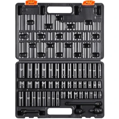 Bild av VEVOR 3/8 tum hylsnyckelsats, 48 delar sockelset SAE (5/16 3/4 tum) och metrisk (8 22 mm) 6 punkter Cr V Drive förlängningsstång universell fog &amp; elborr adapter inkluderar förvaringsfodral
